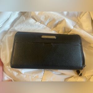 Dana Bachman Black Pebbled Leather Zip-Around Wallet with Silver Plaque